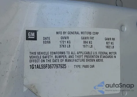 2006 Chevrolet Cobalt Lt z USA, uszkodzony, nr VIN 1G1AL55F367797925